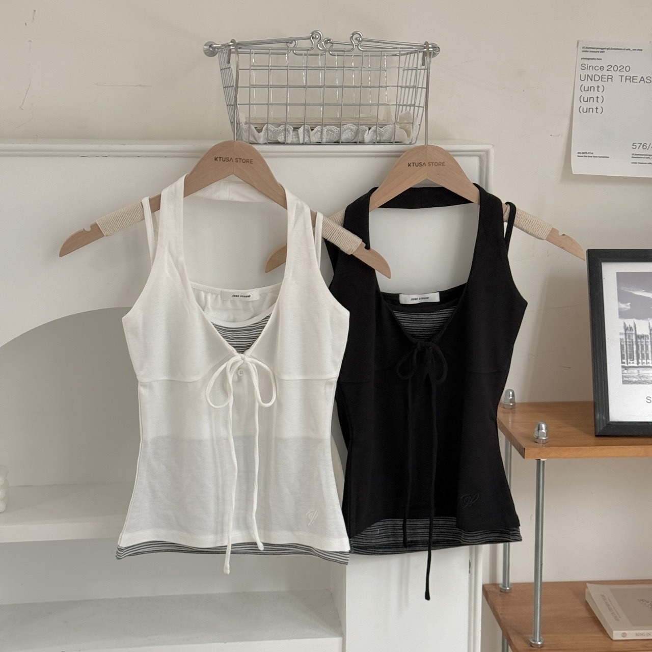 804122掛脖無袖條紋假兩件上衣（Ｒ）