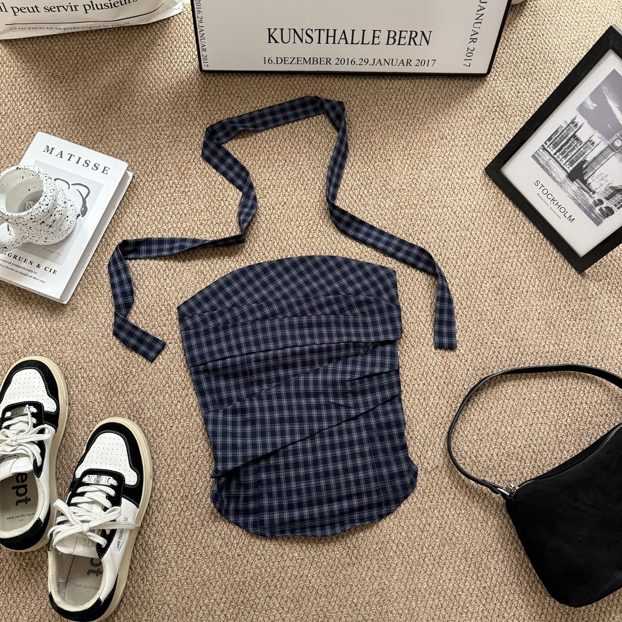 9386韓系藍格紋綁帶抹胸（Ｒ）