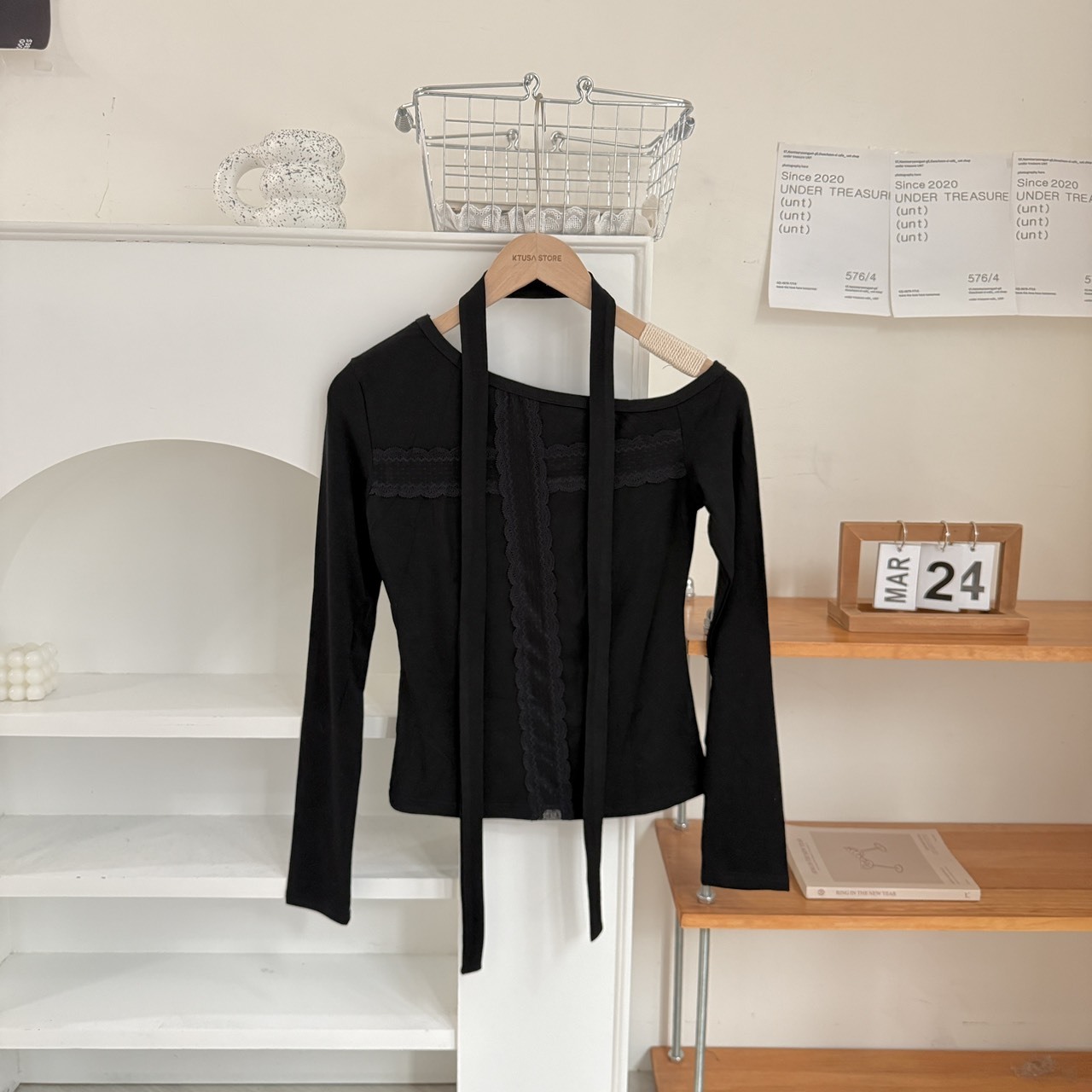 8336 斜肩蕾絲綁帶長袖（Ｒ）