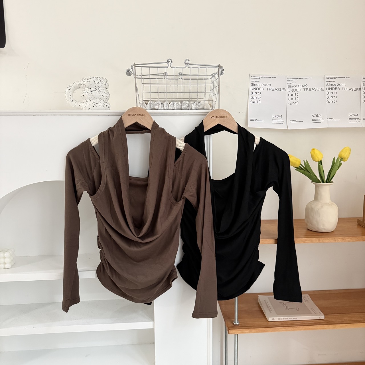 8334 假兩件掛脖一字領上衣(R)