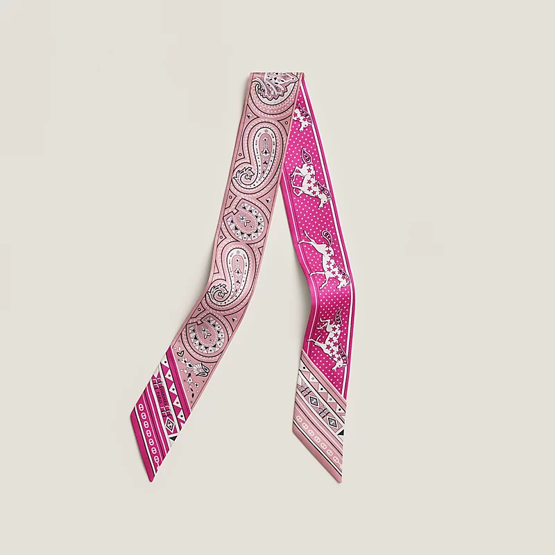 HERMES Cheval de Coeur Bandana Twilly fuchsia / vieux rose / blanc