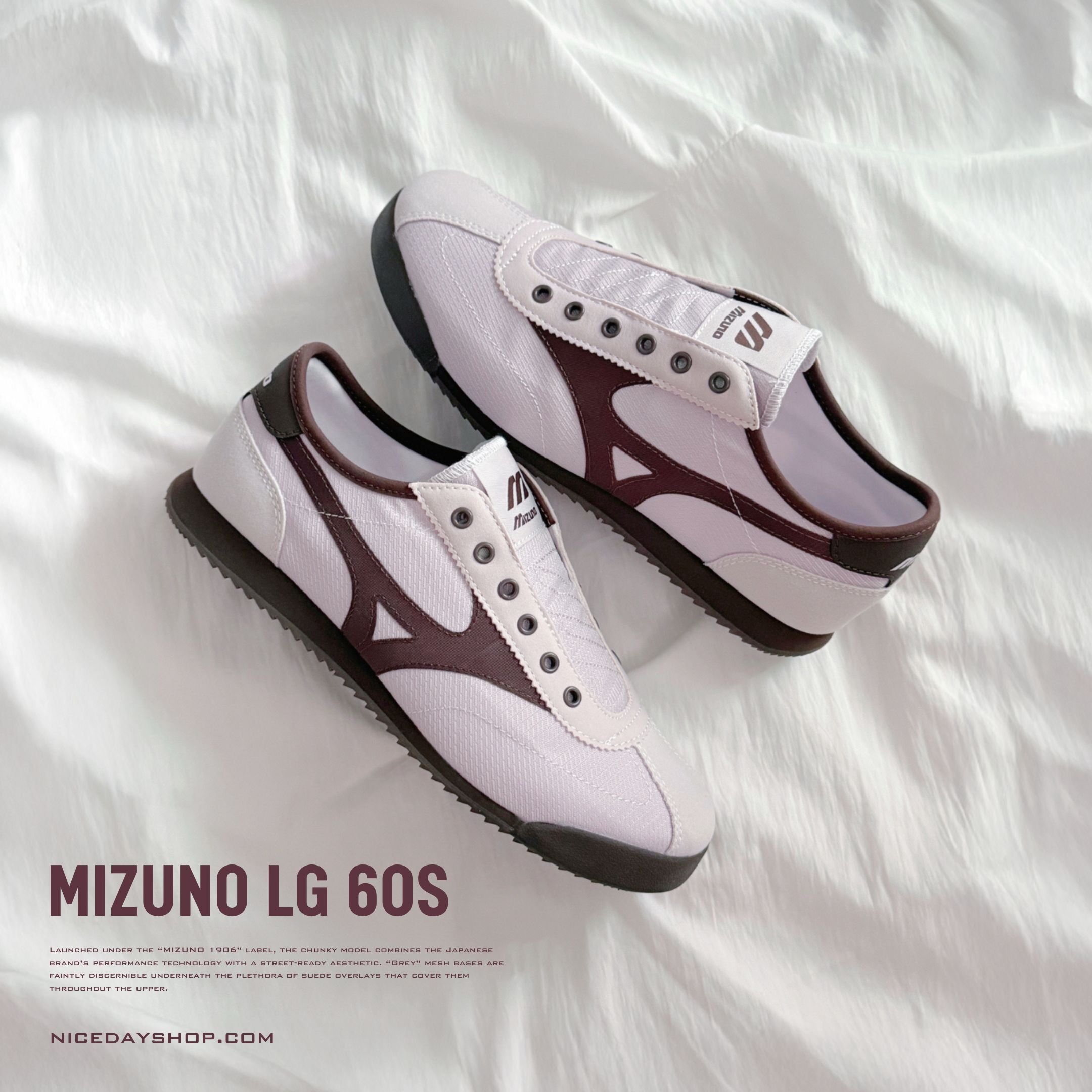 NICEDAY 代購 Mizuno LG 60S SLIPON 復古 薄底 撞色 一腳蹬 粉紫色 紫 紫羅蘭 D1GH240214