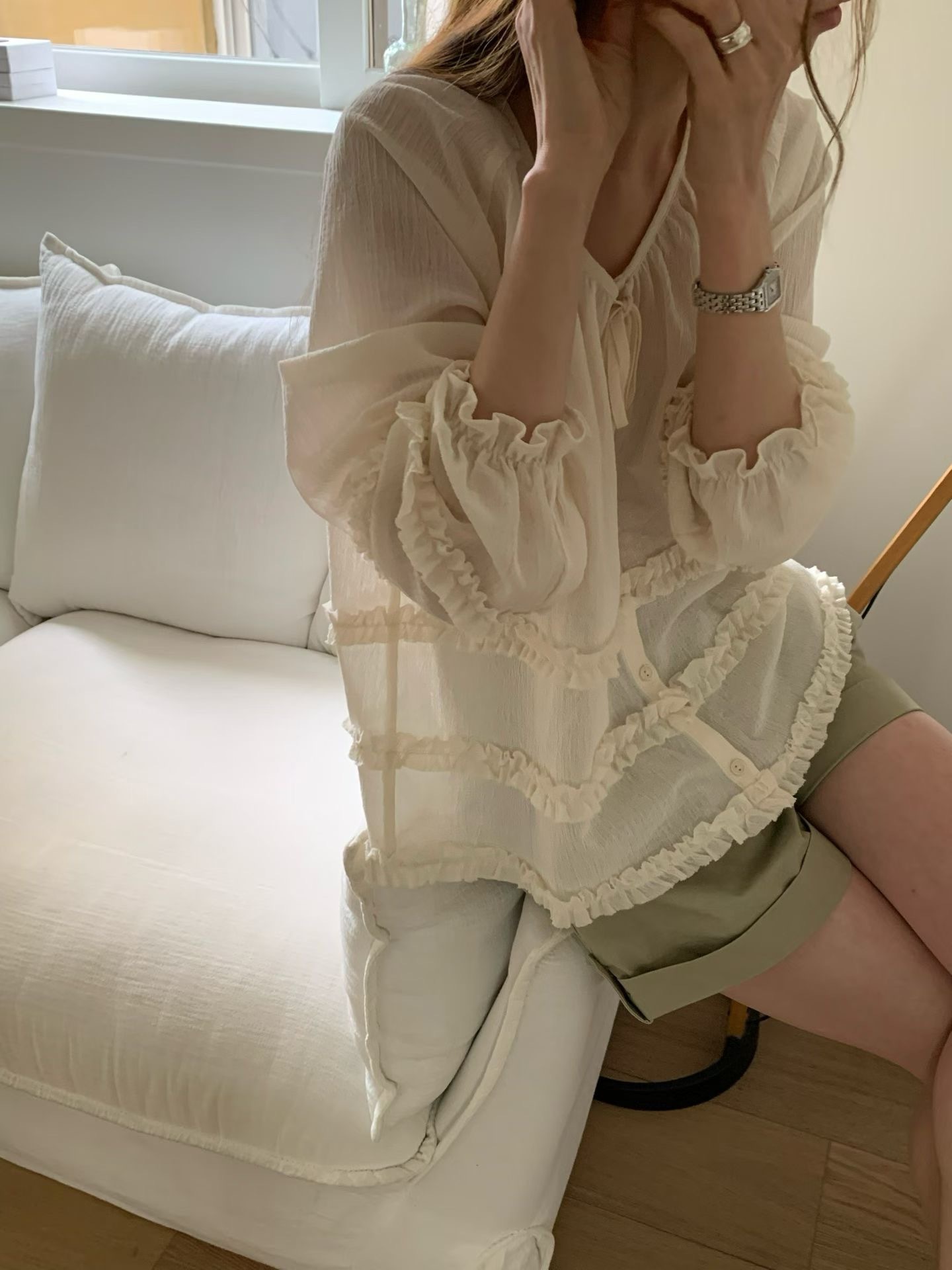 #228N727 ﹝Premium﹞﹡ 嫩芽🌱三層褶褶邊蝴蝶結blouse