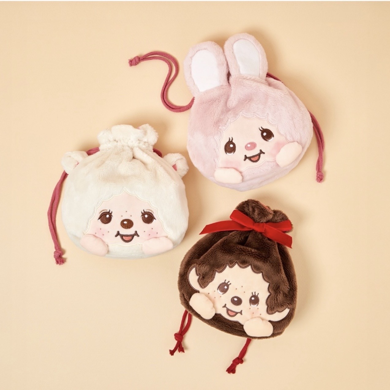 MONCHHICHI 蒙奇奇 大臉 絨毛束口袋 收納包 三款 韓國代購