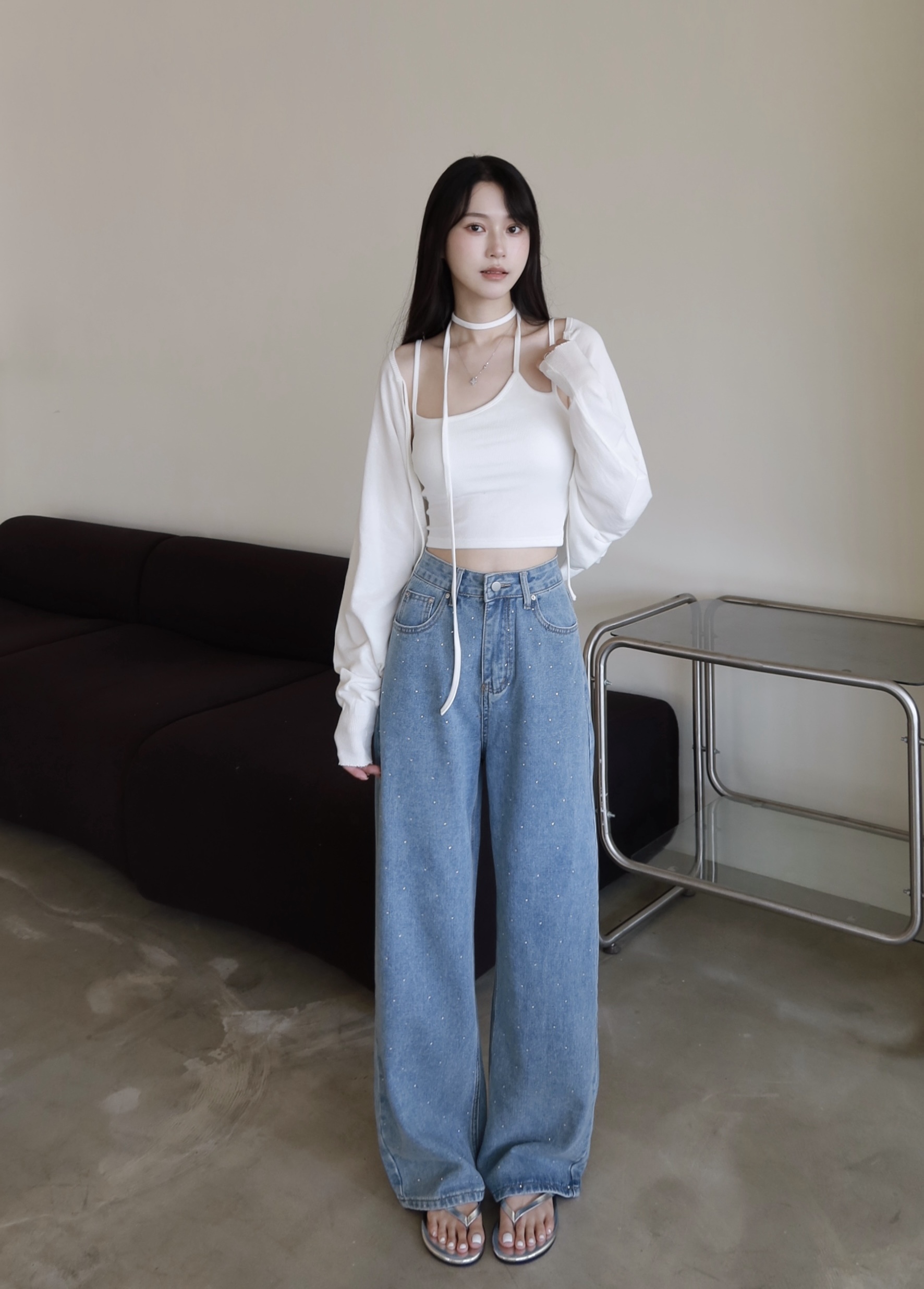 挺版亮鑽牛仔直筒寬褲