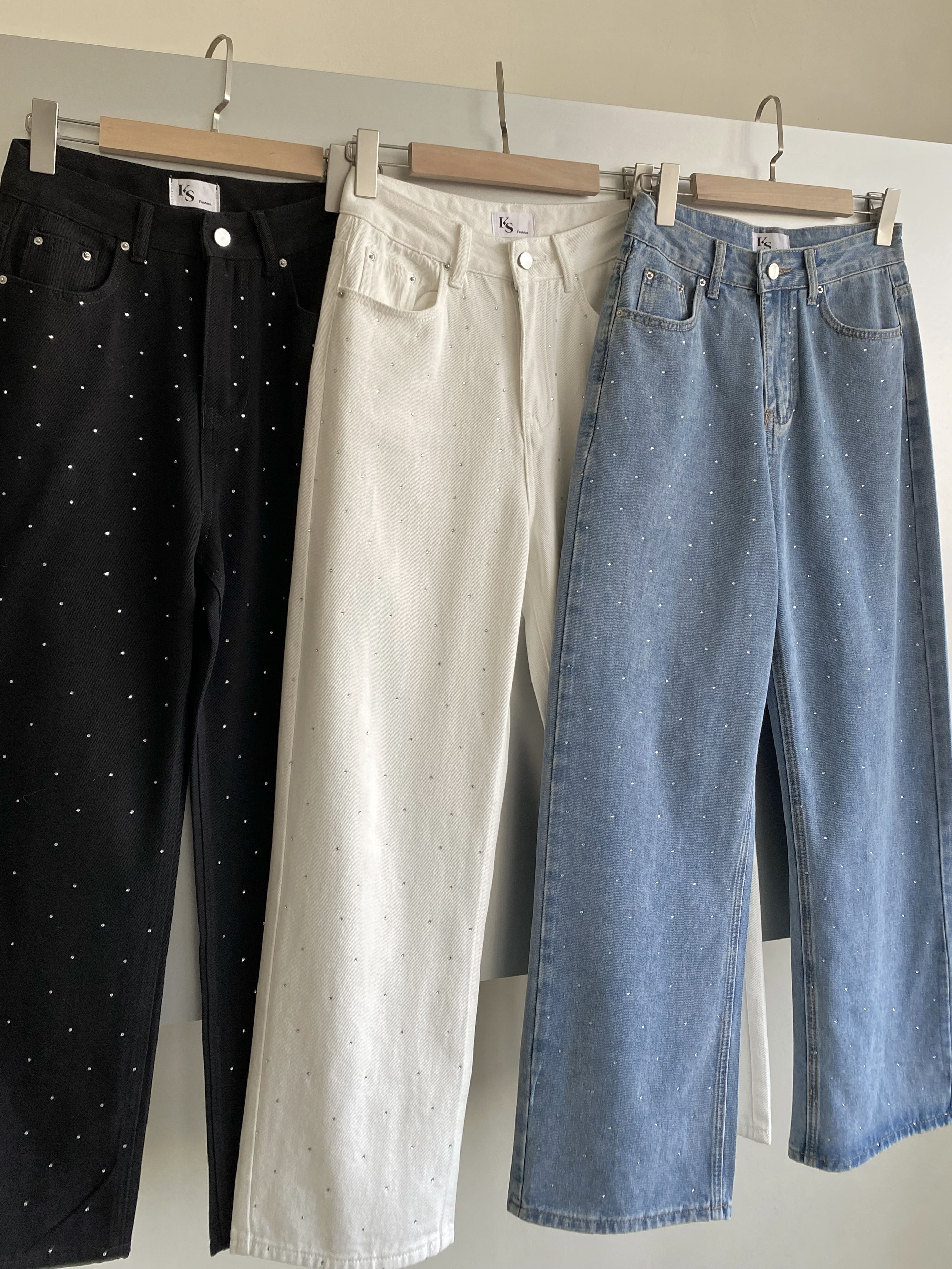 挺版亮鑽牛仔直筒寬褲