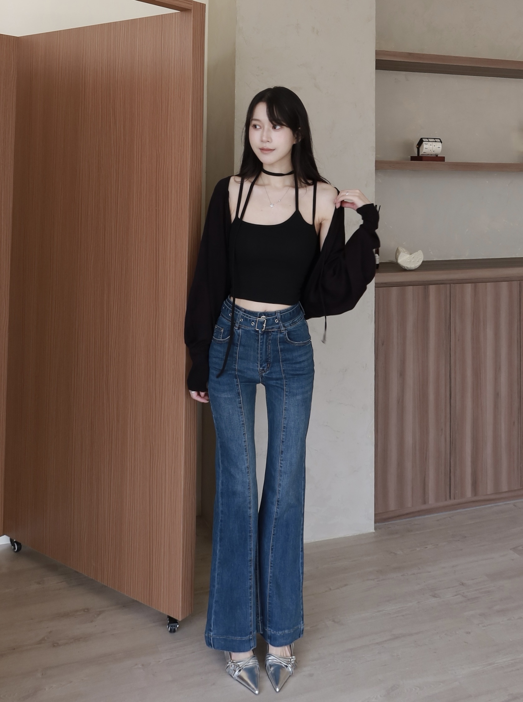 刷色雙釦牛仔腰帶喇叭褲