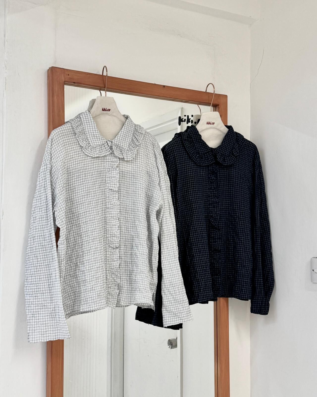 小花邊領ruffle鈕襟格紋薄長袖上衣