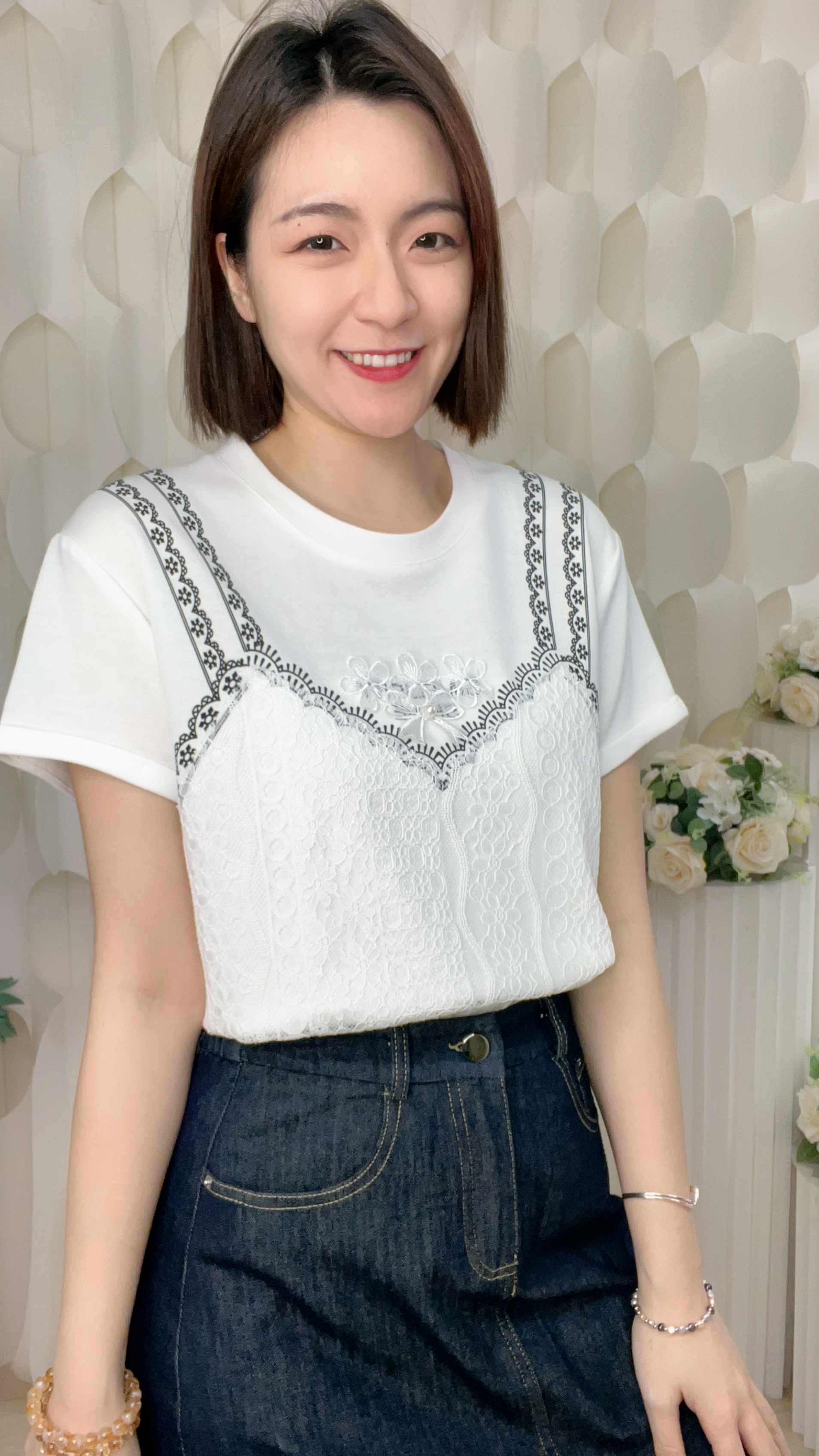 絲質拼LACE直條上衣(胸40 腰42 長24吋)B6121 #2603clo