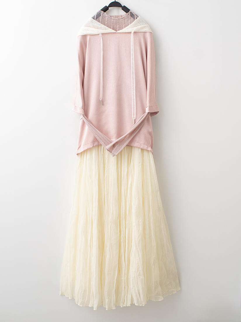 緞面蕾絲連帽上衣條紋透膚內搭雙層柔紗長裙組合