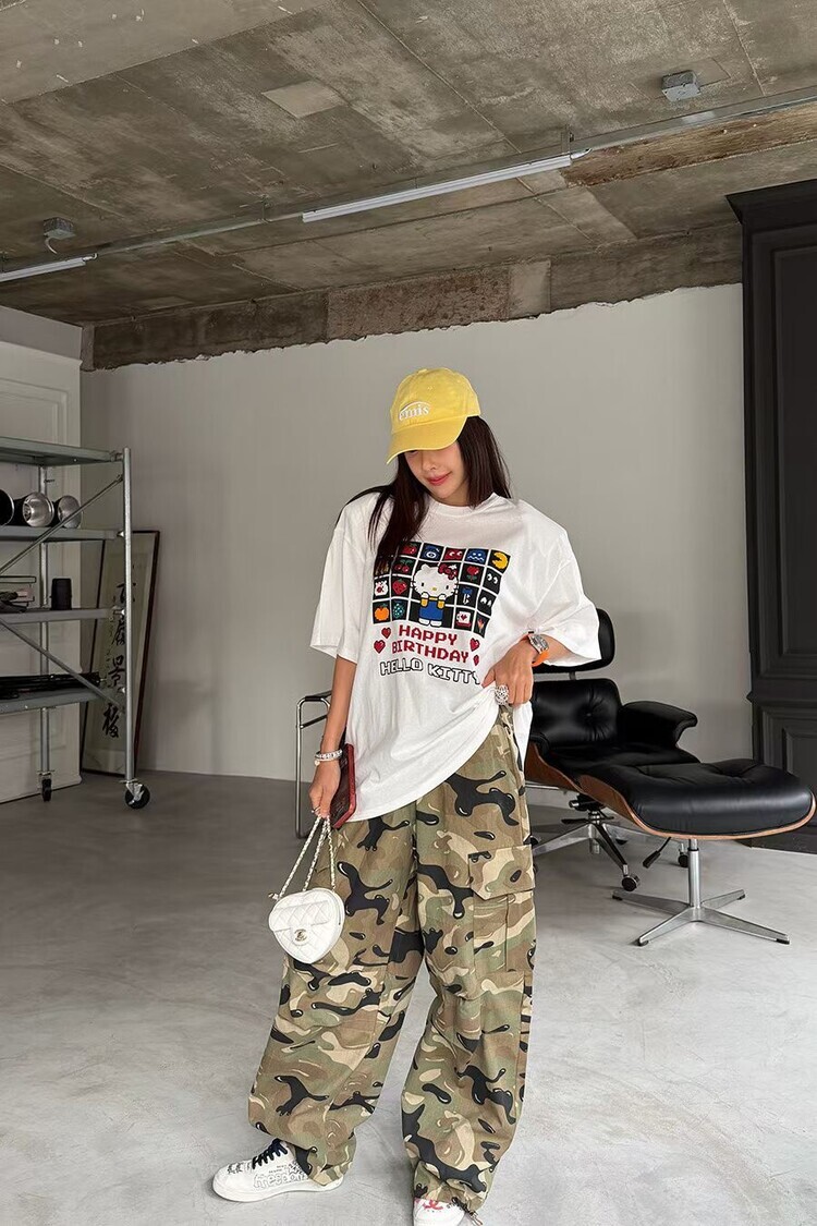 【現貨+預購】迷彩腰鬆緊工裝寬褲(預購時間14-21天)