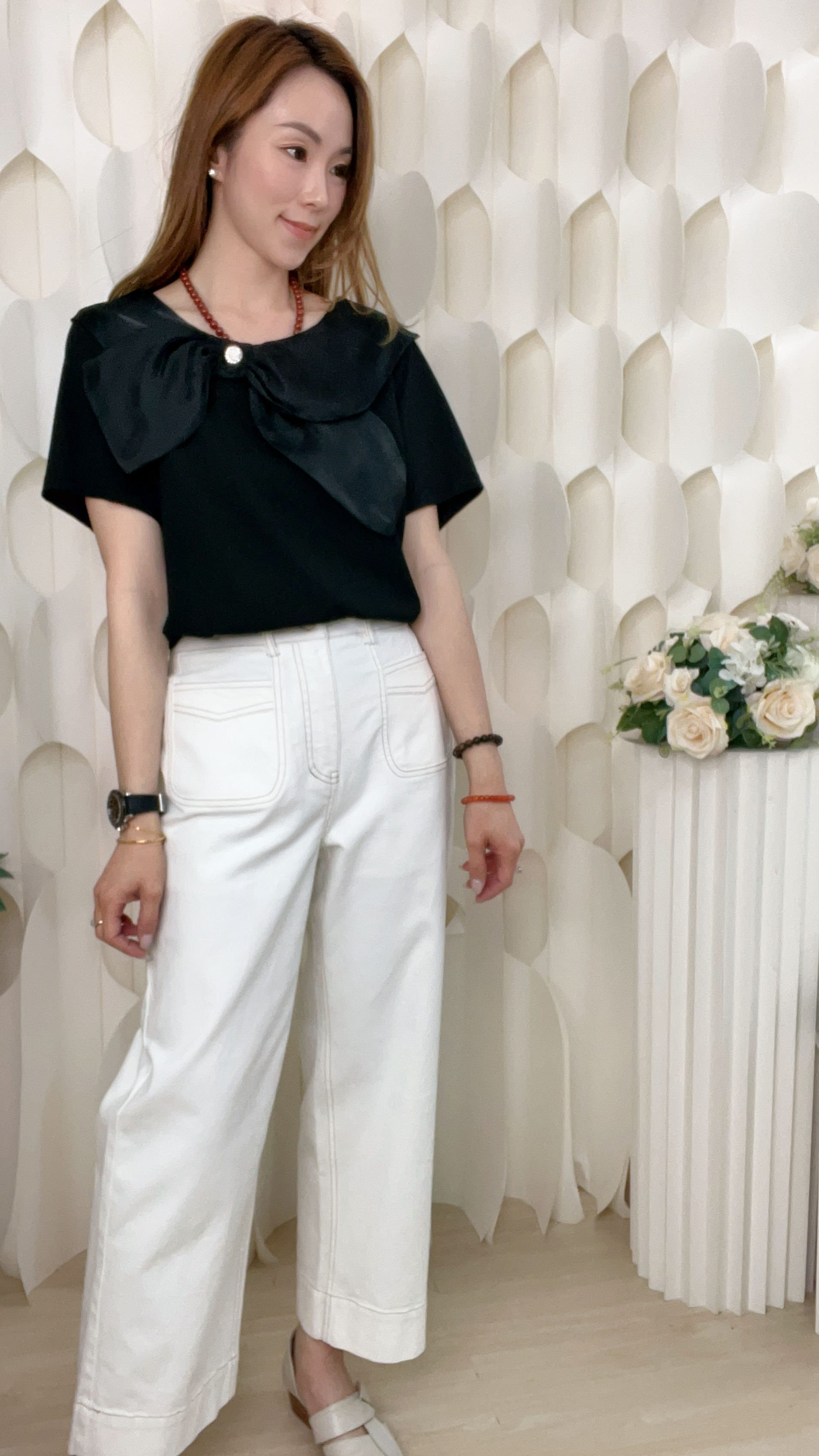 棉質拼雪紡反領蝴蝶結上衣(胸:38-42 腰:38-42 長22吋)B6052 #2603clo