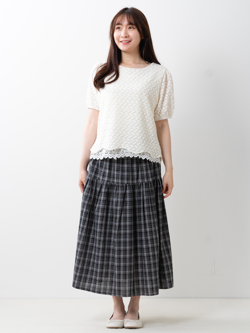 緹織下擺蕾絲短袖上衣格紋剪接細褶裙組合