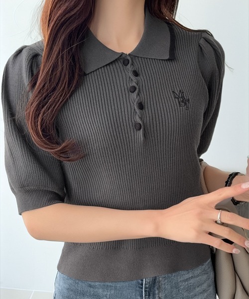 日本🇯🇵連線 mily bilet 撞色條紋泡泡袖針織polo衫 休閒 刺繡 短版 短袖 Polo衫 針織 3色(任買兩件711免運)/預購