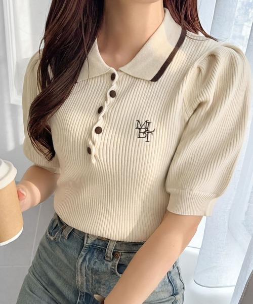 日本🇯🇵連線 mily bilet 撞色條紋泡泡袖針織polo衫 休閒 刺繡 短版 短袖 Polo衫 針織 3色(任買兩件711免運)/預購