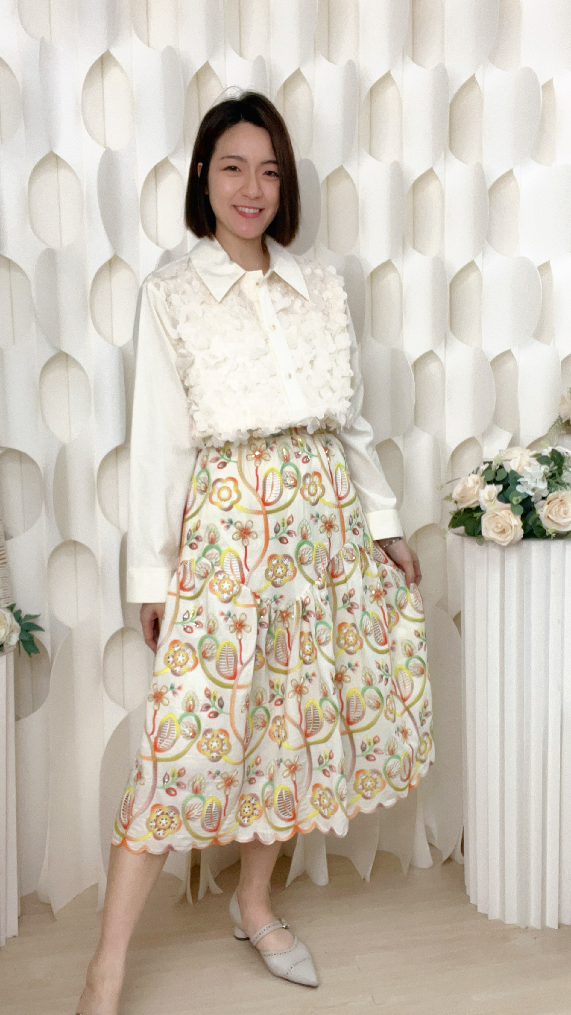 刺繡珠片花花雪紡橡筋腰半截裙(腰: 28-40臀:48 長29 吋)S6013  #2603clo