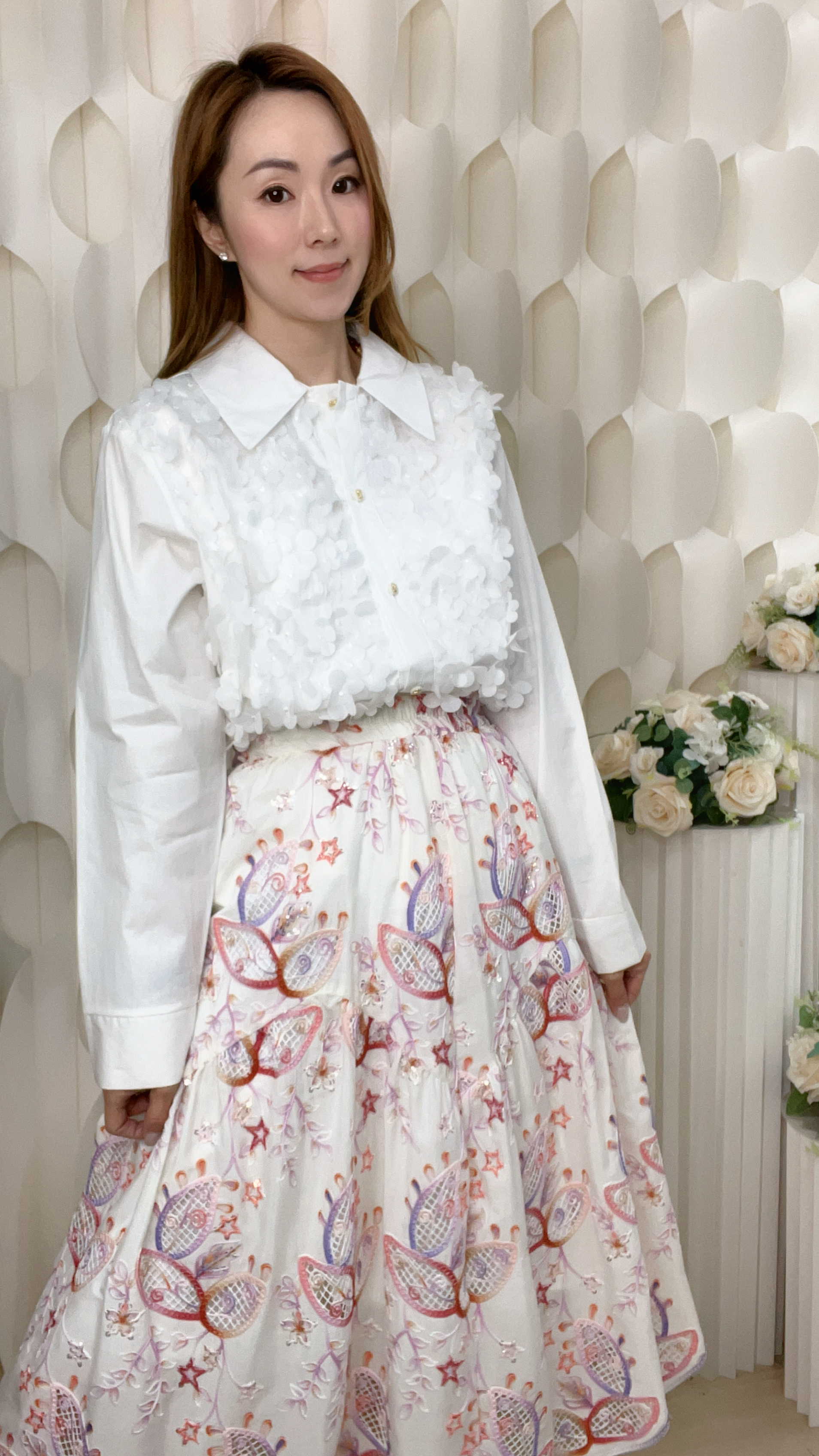 刺繡珠片花花雪紡橡筋腰半截裙(腰: 28-40臀:48 長29 吋)S6013  #2603clo