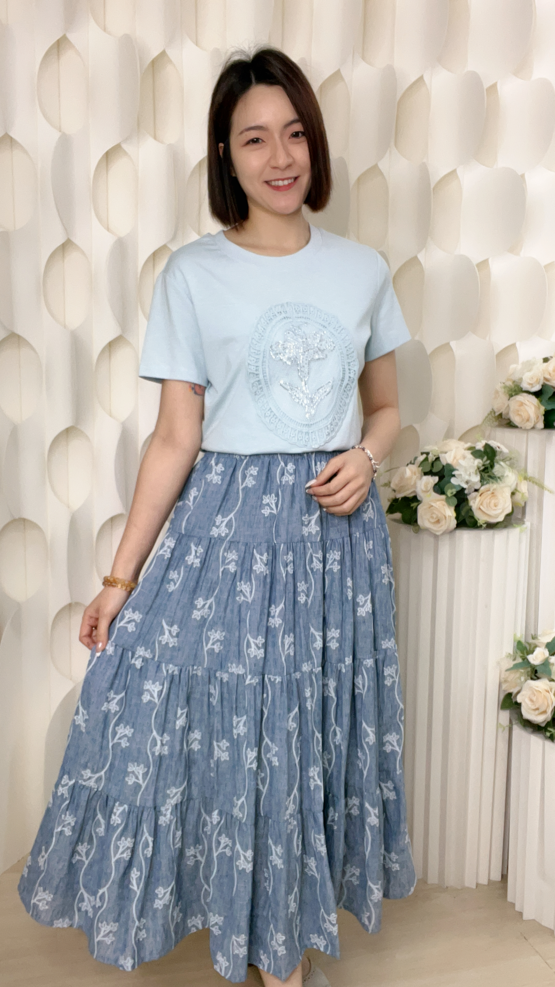 刺繡花棉麻料橡筋腰半截裙(腰:26-40 臀:52 長53 吋) S6010 #2603clo