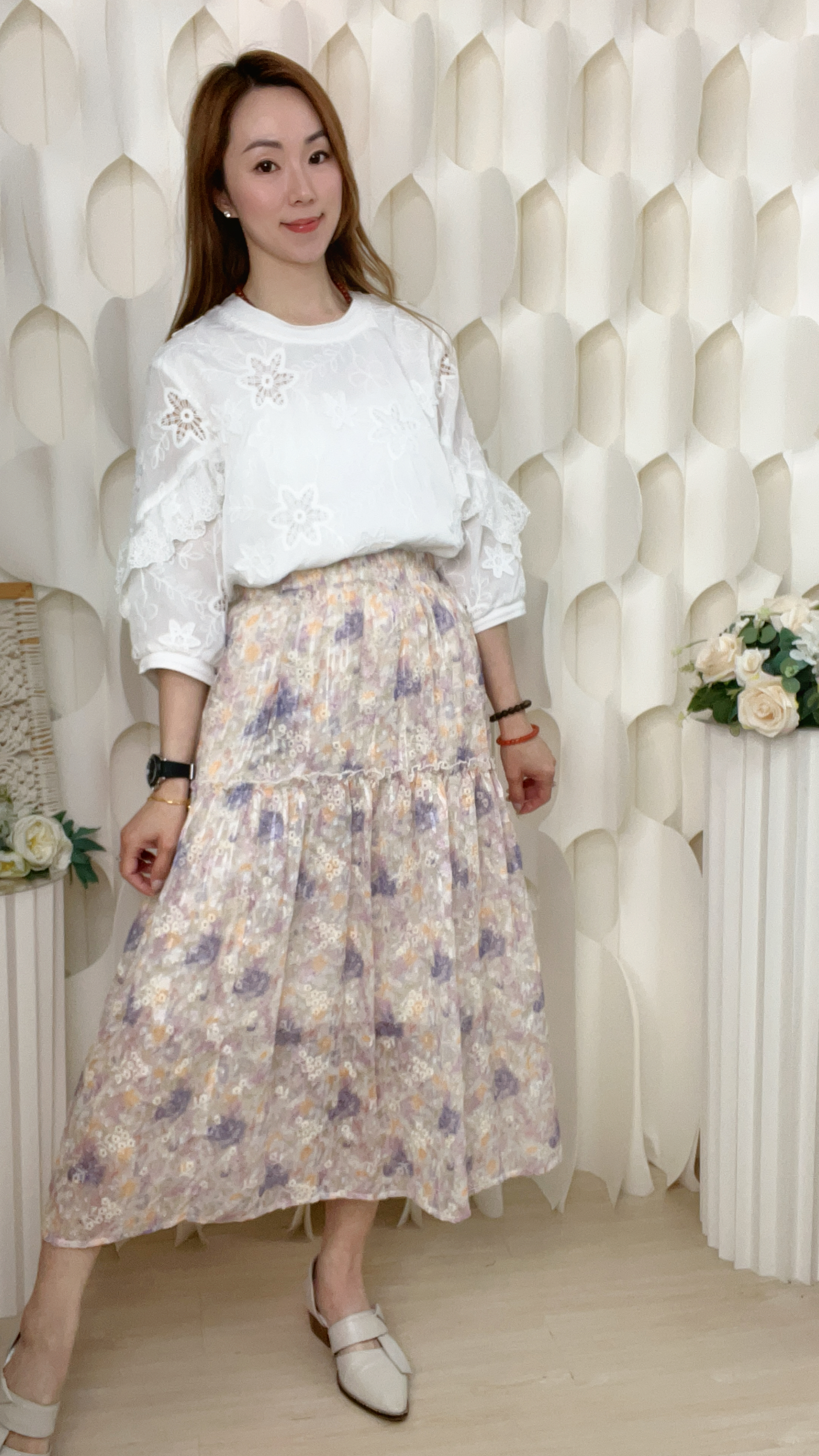 柔和刺繡印花雪紡橡筋腰半截裙( 腰:26-42 臀:54 長:32 吋)S6017#2603clo