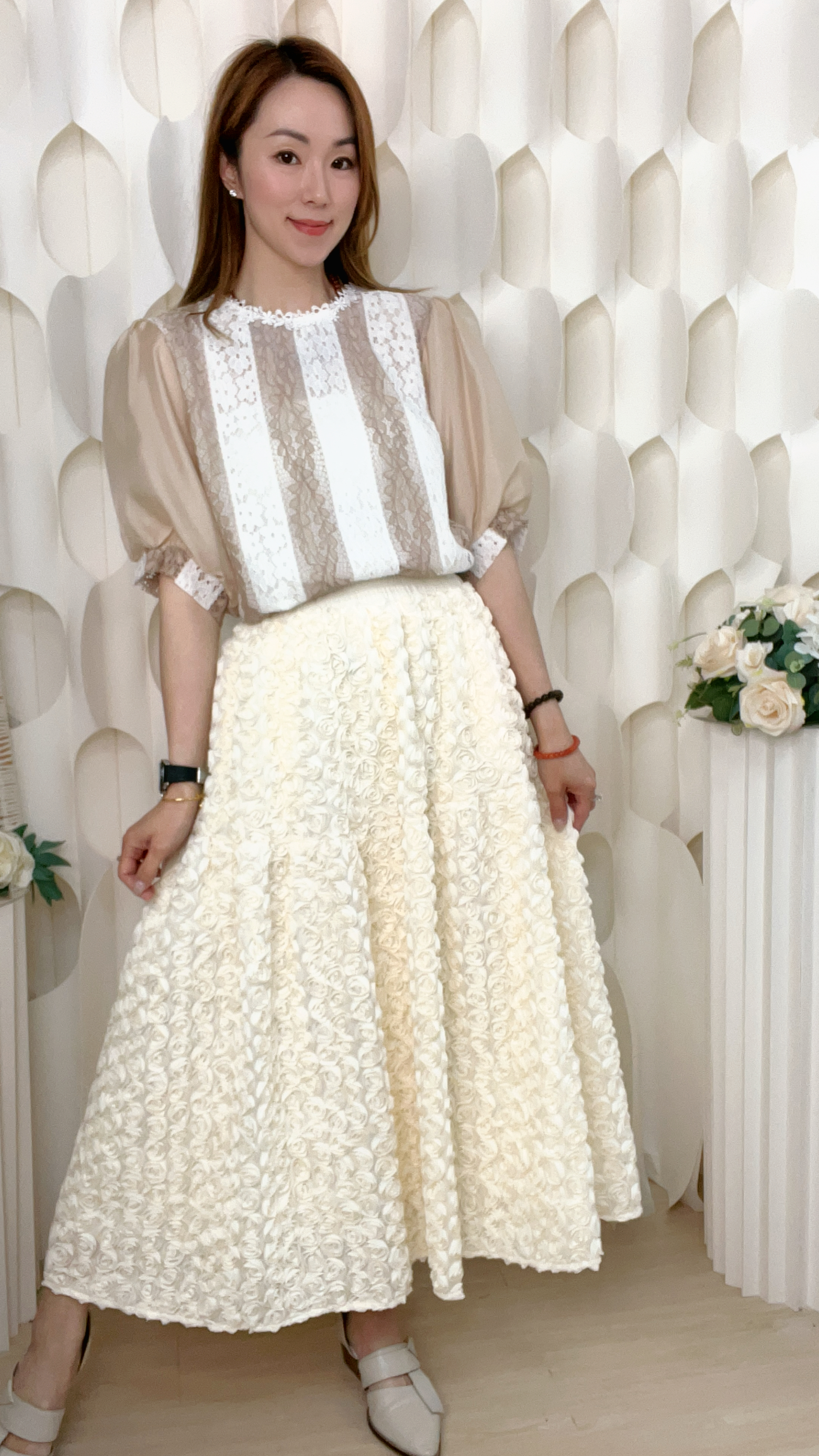 立體玫瑰花雪紡橡筋腰半截裙(腰:M24-38 L:26-40 吋)S6106 #2603clo