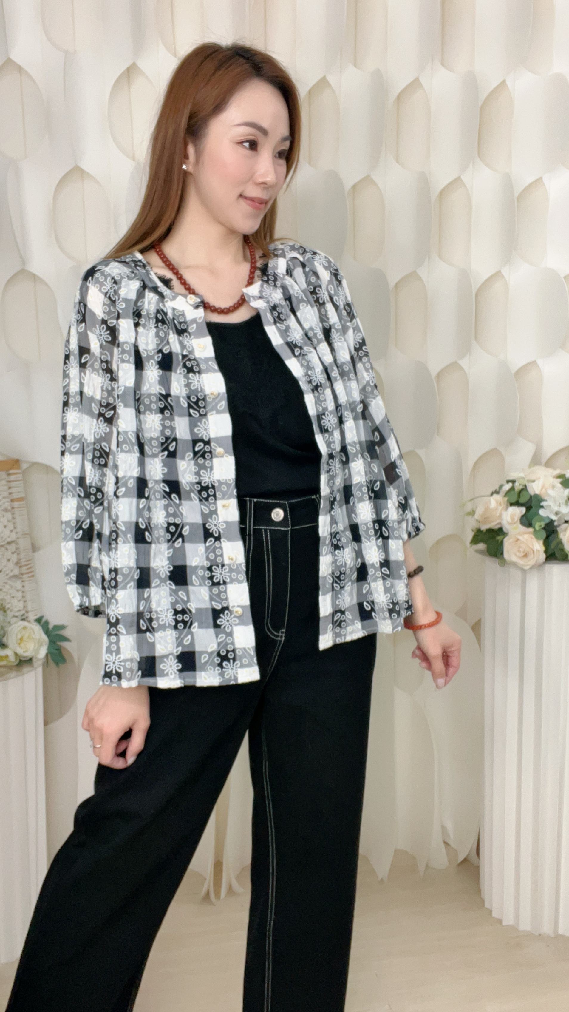 雪紡黑白格紋扭扣上衣(胸:48 腰:48 長23吋)B6042 #2603clo