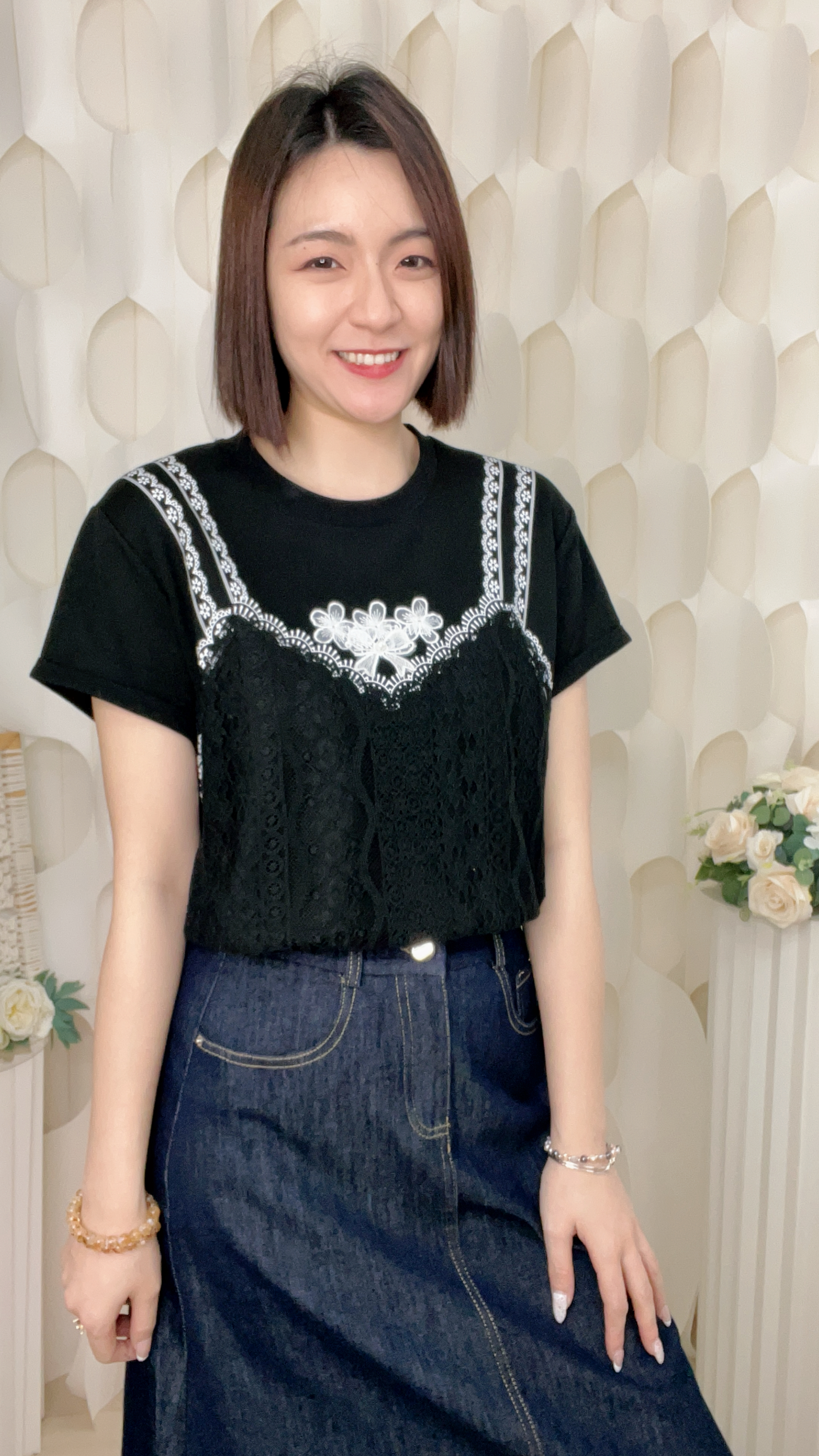 滑棉假兩件LACE花花上衣(胸:38-42 腰:38-42 長23吋)B6028 #2603clo