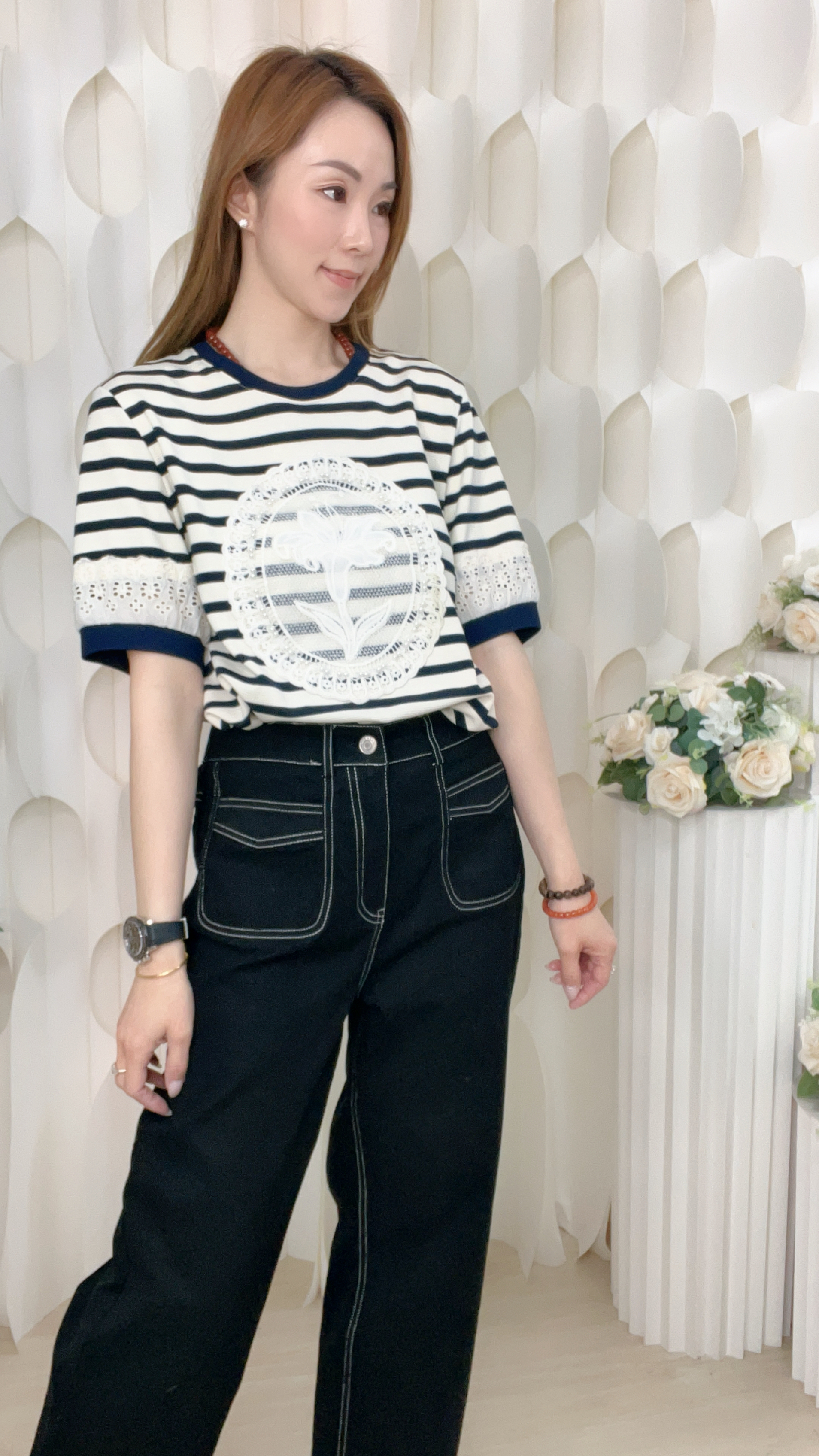 棉質橫間珍珠通花LACE上衣(胸42-46 腰42-46 長24吋) B6039 #2603clo