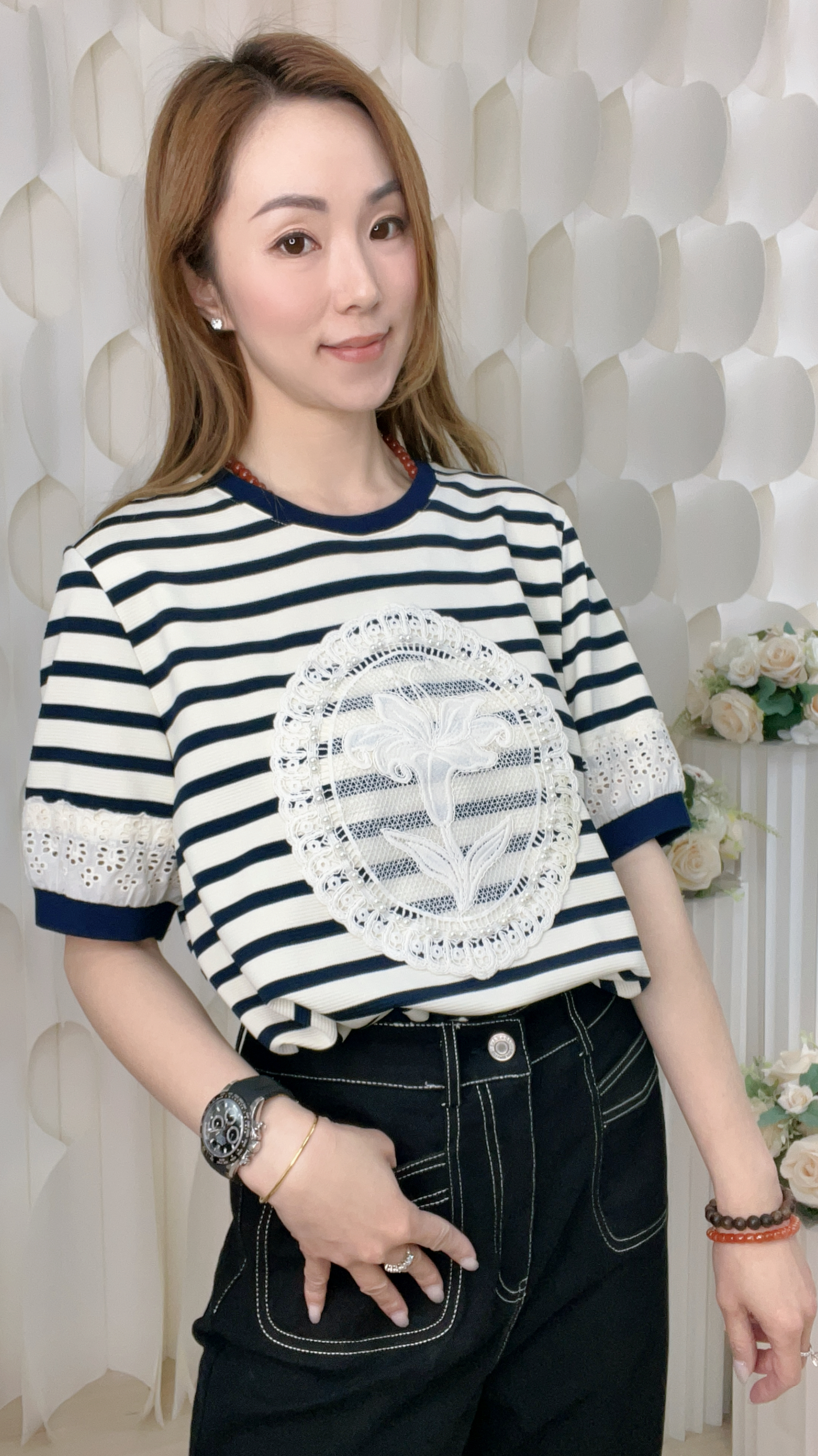 棉質橫間珍珠通花LACE上衣(胸42-46 腰42-46 長24吋) B6039 #2603clo