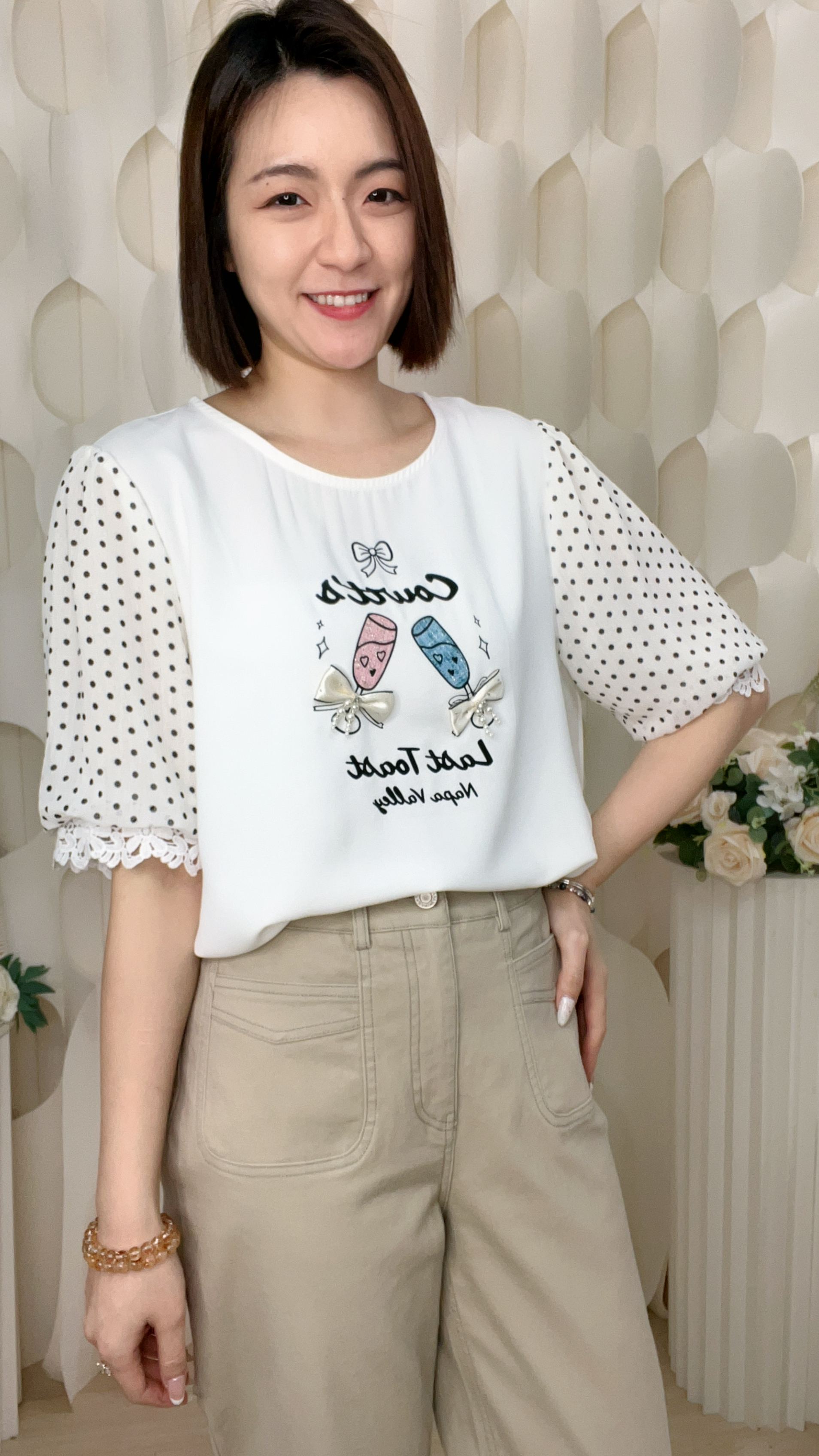 雪紡波點袖珍珠蝴蝶結上衣(胸40 腰42 長23吋)B6073 #2603clo