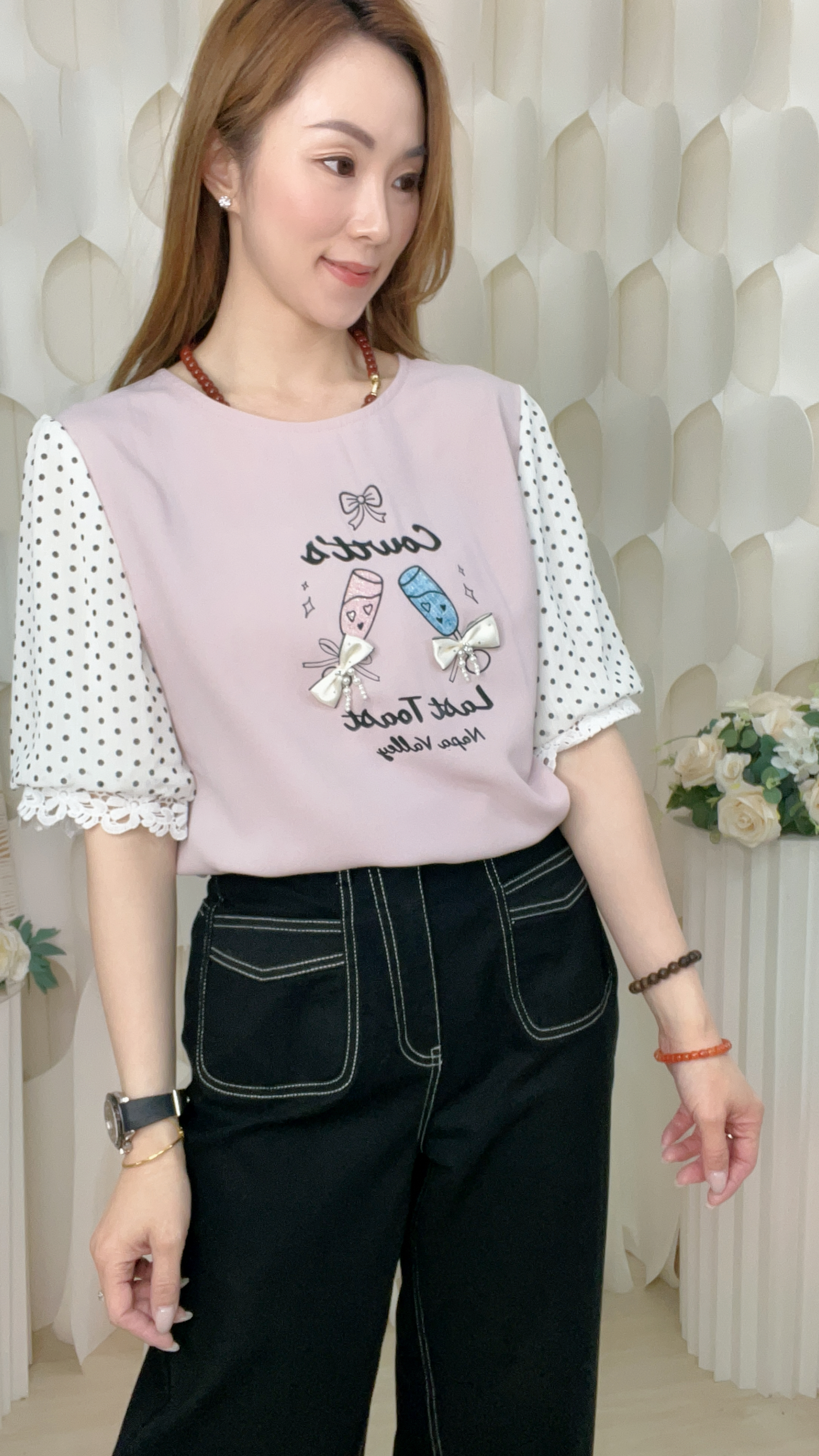 雪紡波點袖珍珠蝴蝶結上衣(胸40 腰42 長23吋)B6073 #2603clo