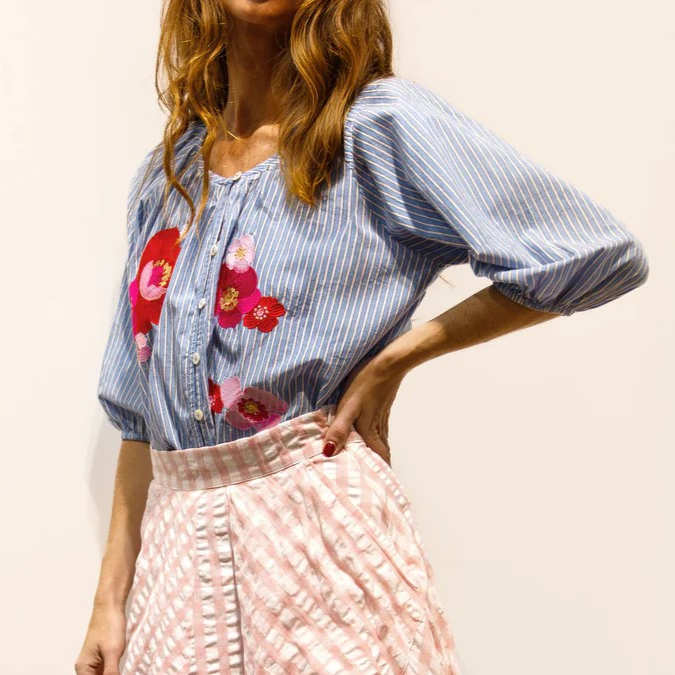 1BB0327-030 [BRIGITTE BARDOT] Bloom Embroidered Striped Blouse Blue #122610920 (EU)