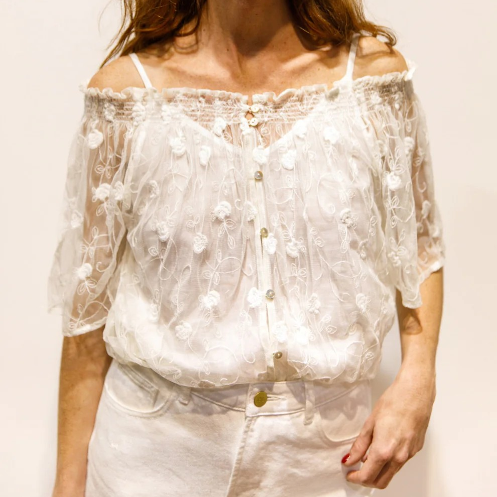 1BB0327-031 [BRIGITTE BARDOT] Claudette Floral Embroidered Tulle Blouse White #122610800 (EU)