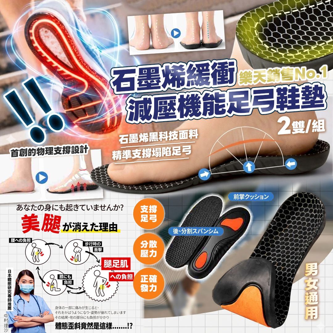 [D2852] 石墨烯緩衝減壓機能足弓鞋墊 (1套2對)