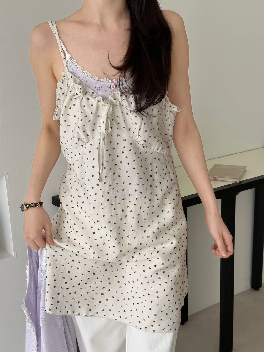 小花吊帶綁帶短洋裝