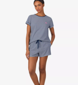 [USW] POLO RALPH LAUREN BLUE WOMEN'S 2-PIECE SHORT-SLEEVE CREWNECK TOP AND SHORTS PAJAMA SET, UZZ1281 (UZZ1281)