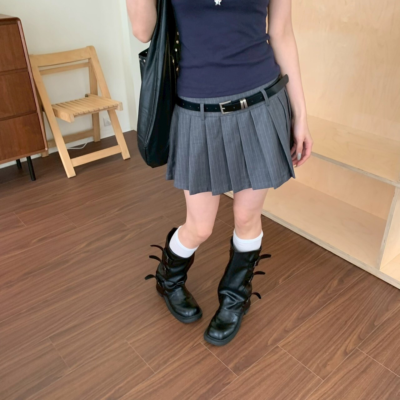 ISA_Office Lady (附皮帶)條紋西裝百褶褲裙_63058