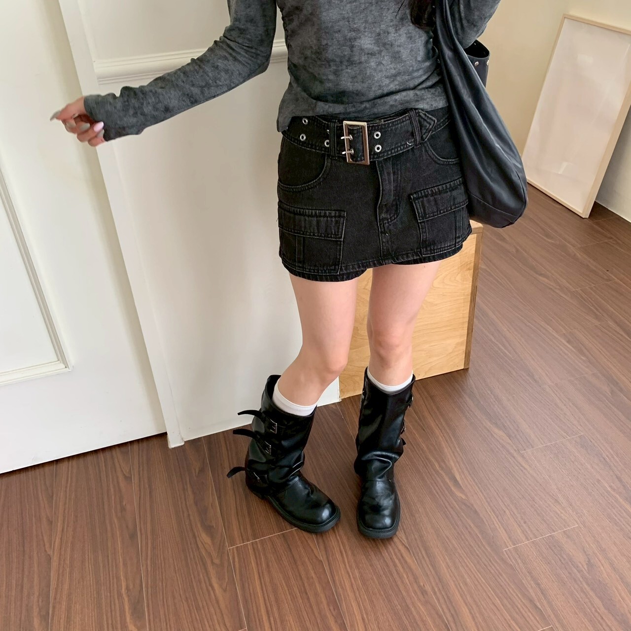 ISA_甜酷混搭 (附腰帶)水洗牛仔工裝褲裙_63061