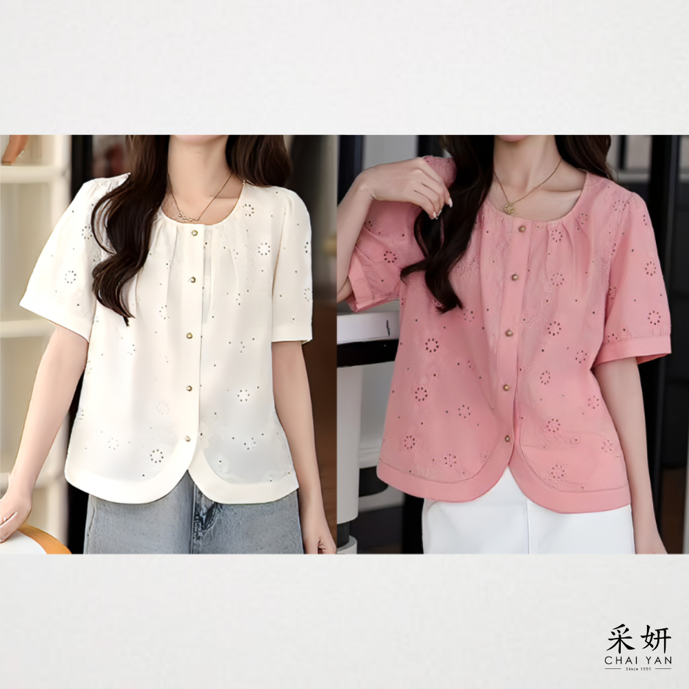 圓釦花朵亞麻短袖襯衫