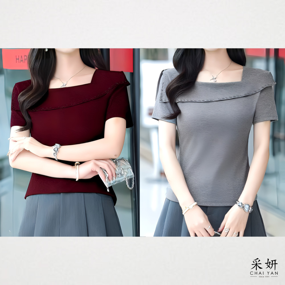 斜邊領短袖上衣