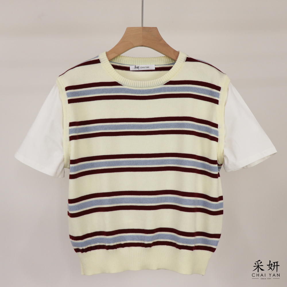 橫條假兩件針織短袖上衣