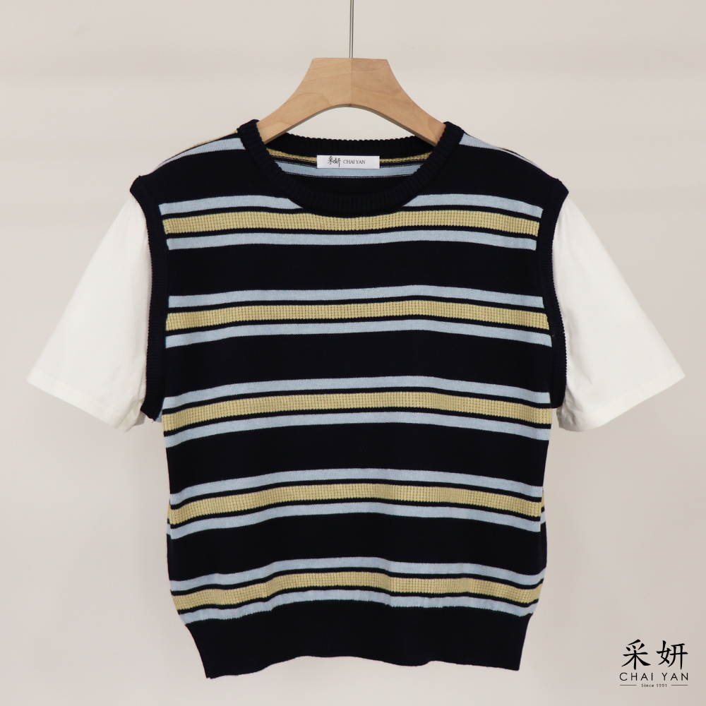 橫條假兩件針織短袖上衣