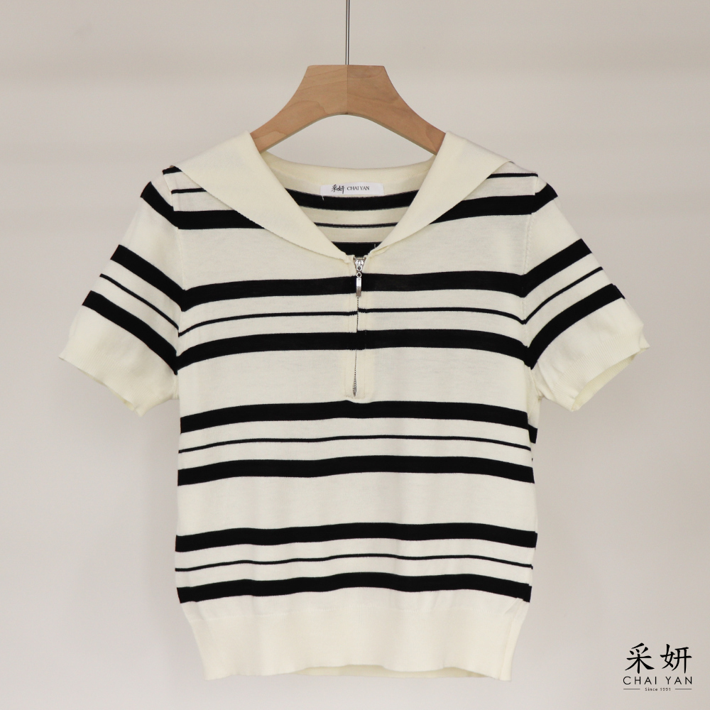 橫條海軍領針織短袖上衣