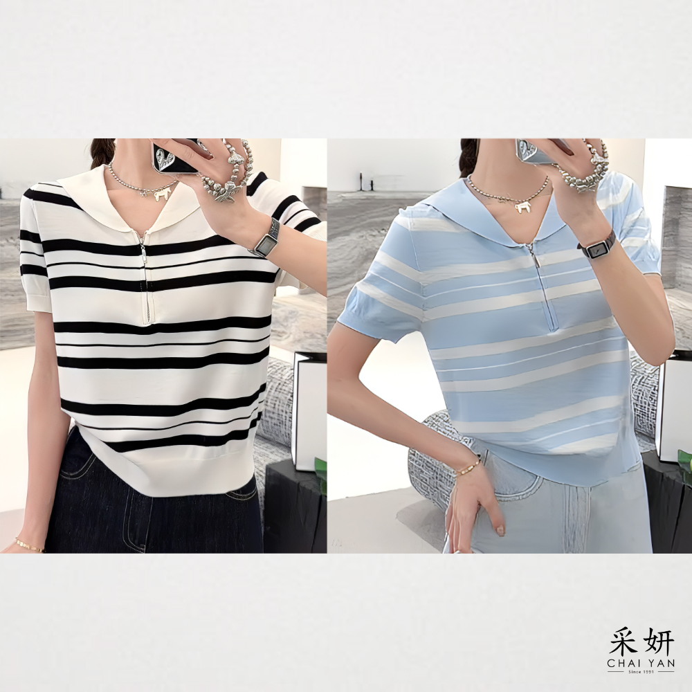 橫條海軍領針織短袖上衣