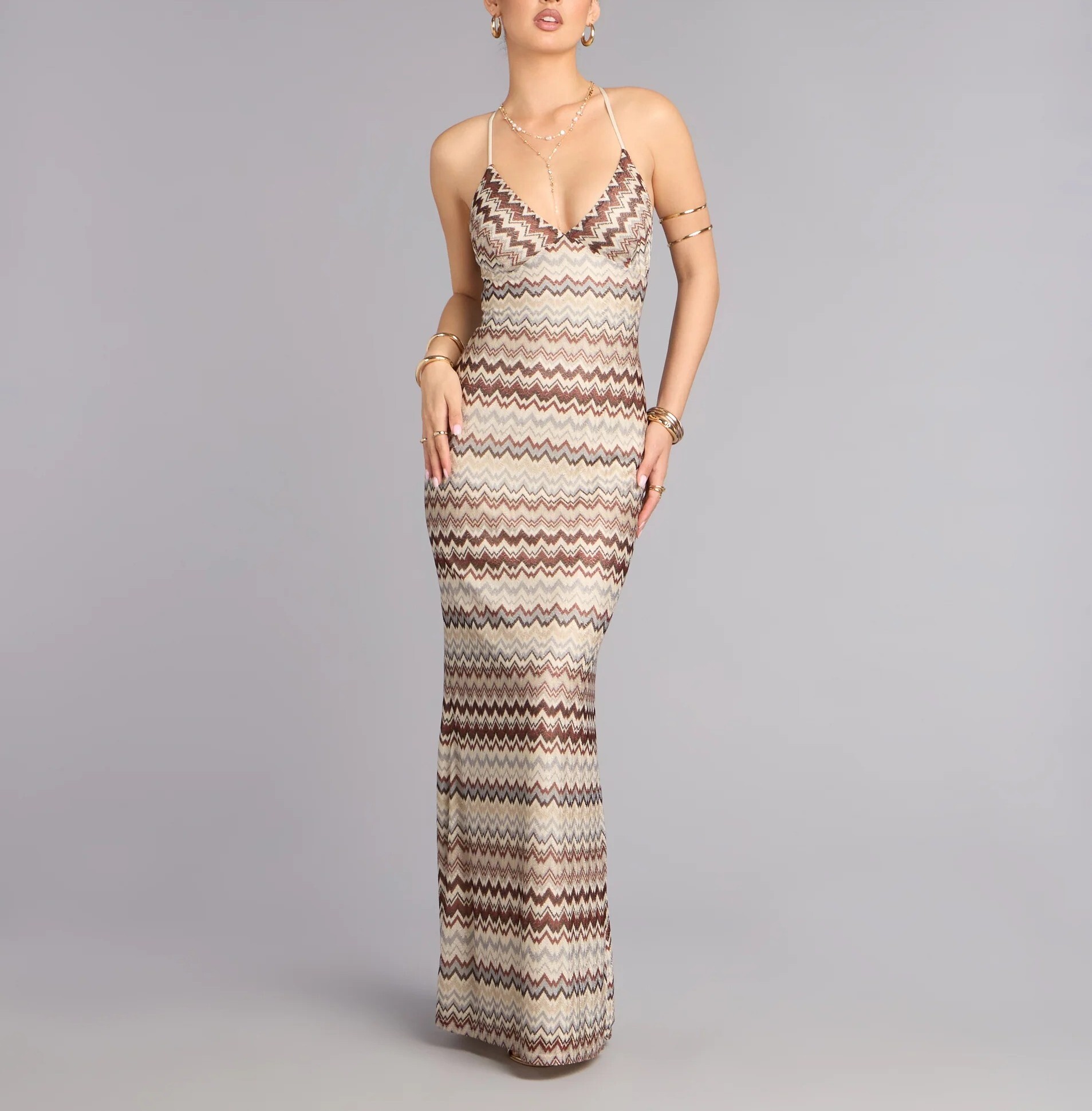 Sunkiss奶油褐色手勾紋路 Maxi Dress