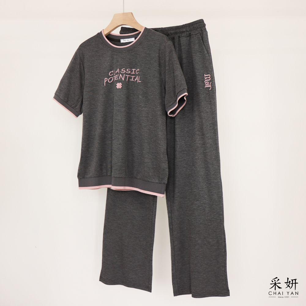 二件式 字母休閒上衣+鬆緊休閒寬褲