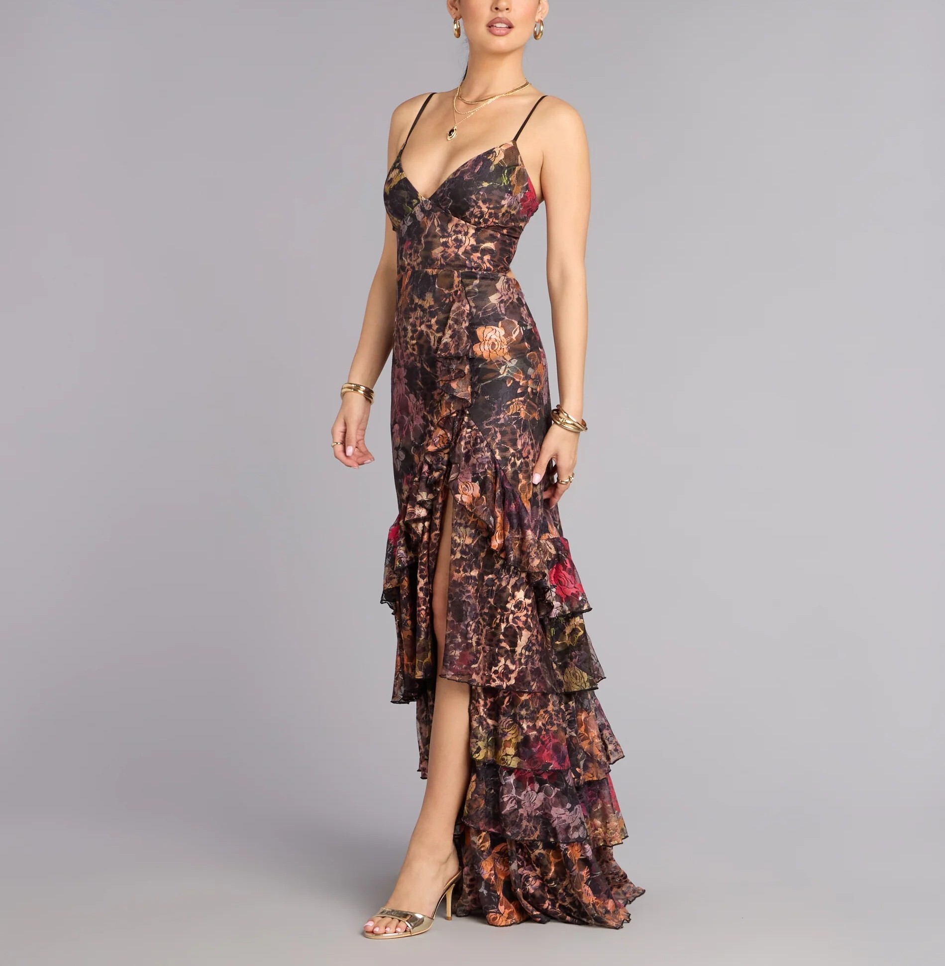 Wild Romance紫紅印花豹紋荷葉長禮服Dress