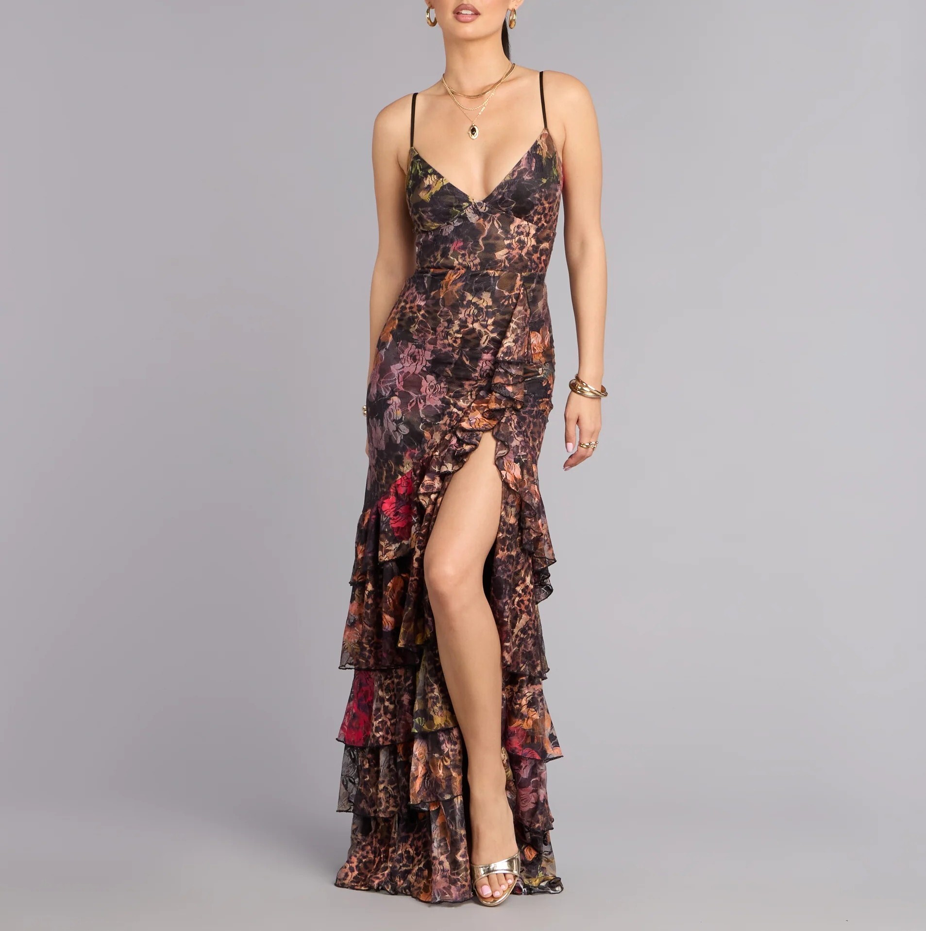 Wild Romance紫紅印花豹紋荷葉長禮服Dress