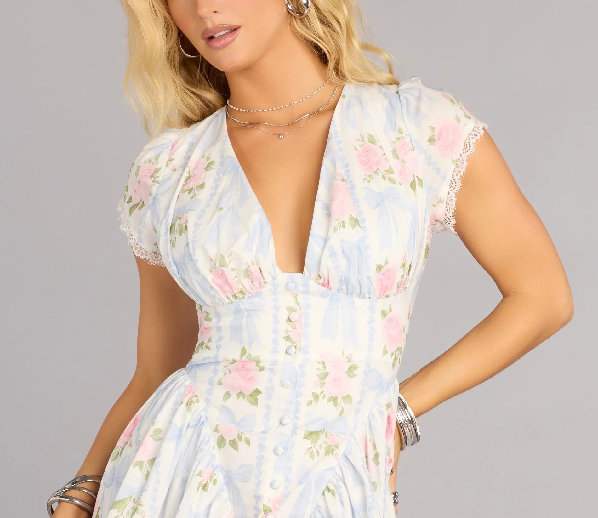 Blue Babe淺藍奶油印花蕾絲馬甲Mini Dress