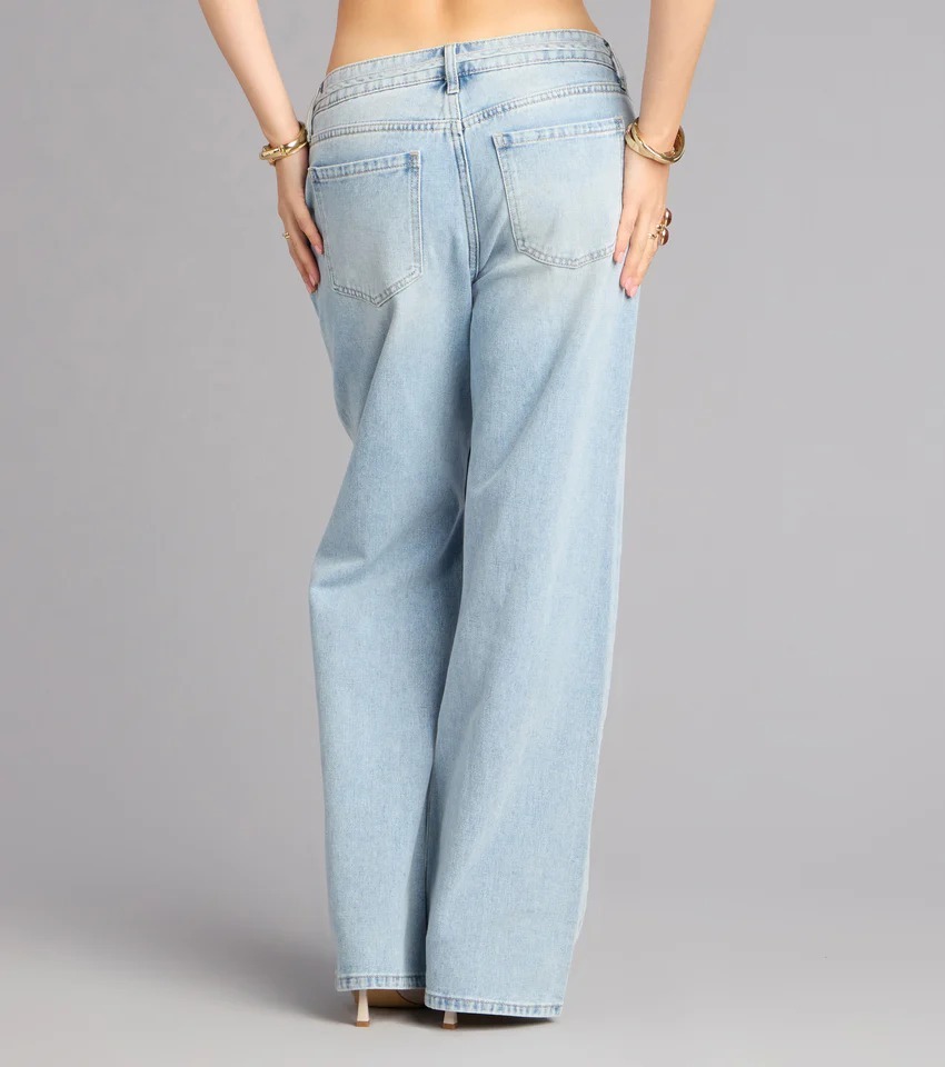 Light Denim淺單寧藍色綁帶水洗牛仔長寬褲