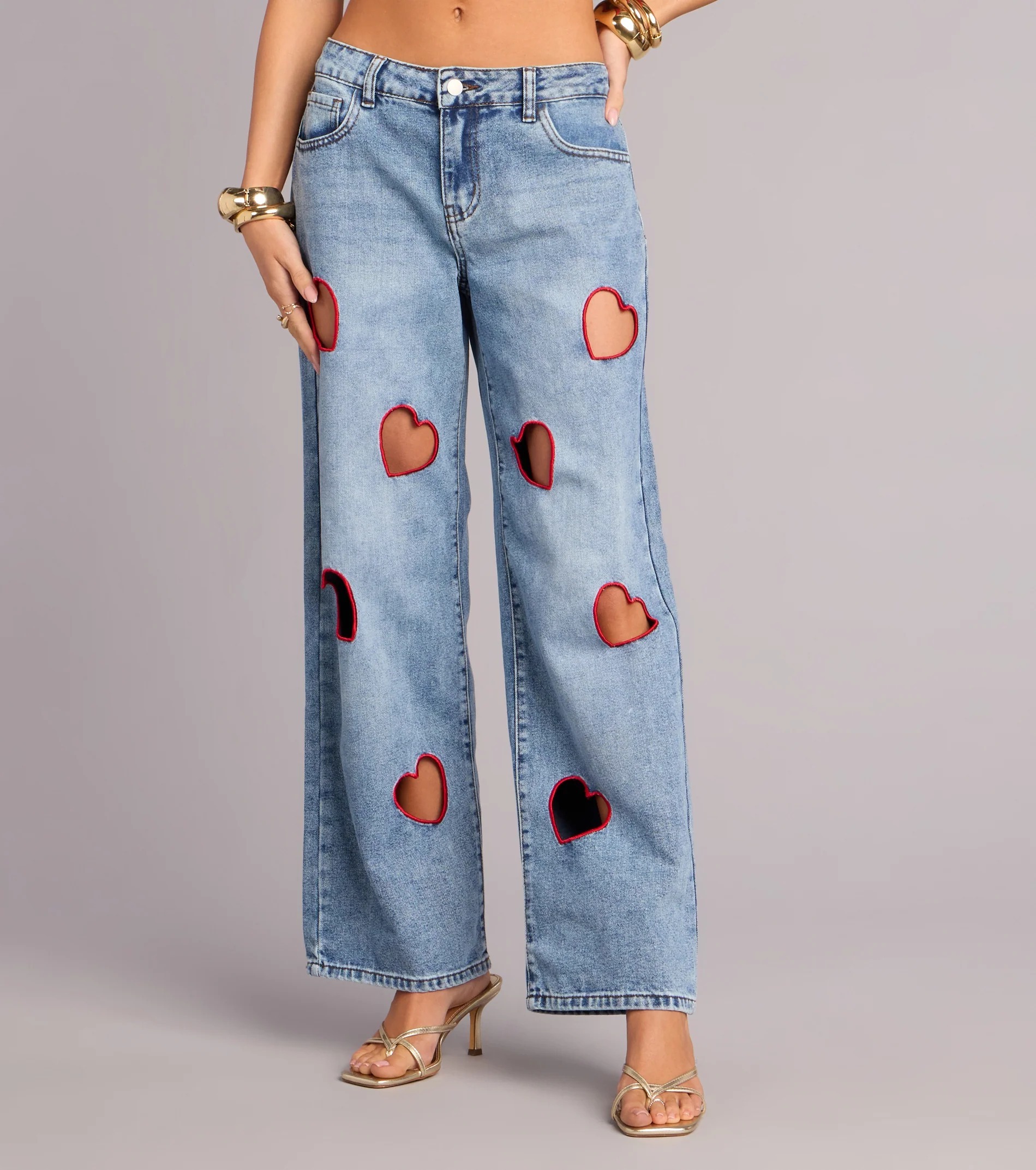 Red Heart紅色裸空愛心牛仔寬褲